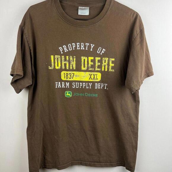 Vintage y2k Hanes John Deere Shirt Men L Brown Logo Farm Tractor Work tee - Picture 1 of 3